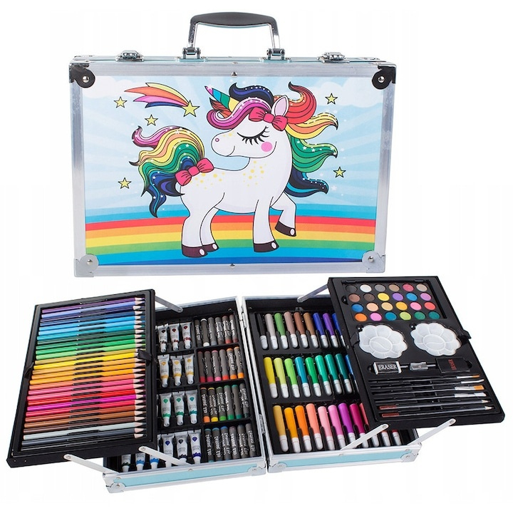 Set pictat si desen, 145 piese, gentuta depozitare stil gemantan, model Unicorn si curcubeu, albastru, 34 x 23 x 9 cm – complet, colorat si usor de transportat pentru micii artisti [1]