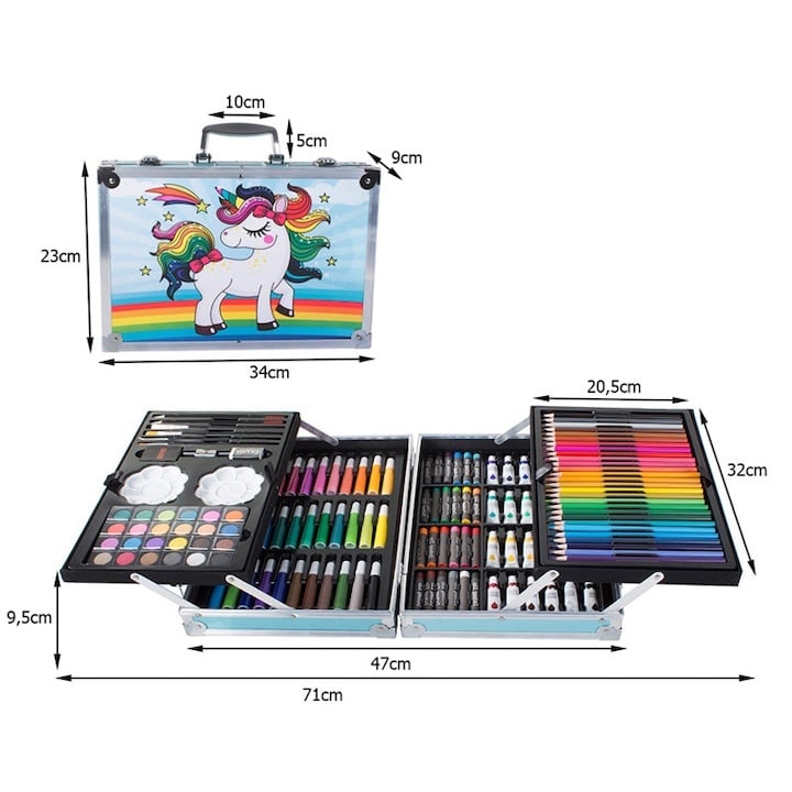 Set pictat si desen, 145 piese, gentuta depozitare stil gemantan, model Unicorn si curcubeu, albastru, 34 x 23 x 9 cm – complet, colorat si usor de transportat pentru micii artisti [10]