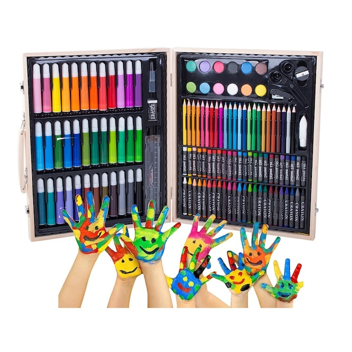 Set pictat si desen, 150 piese, gentuta depozitare din lemn, 34 x 27.5 x 4 cm – complet, elegant si ideal pentru copii pasionati de arta [3]