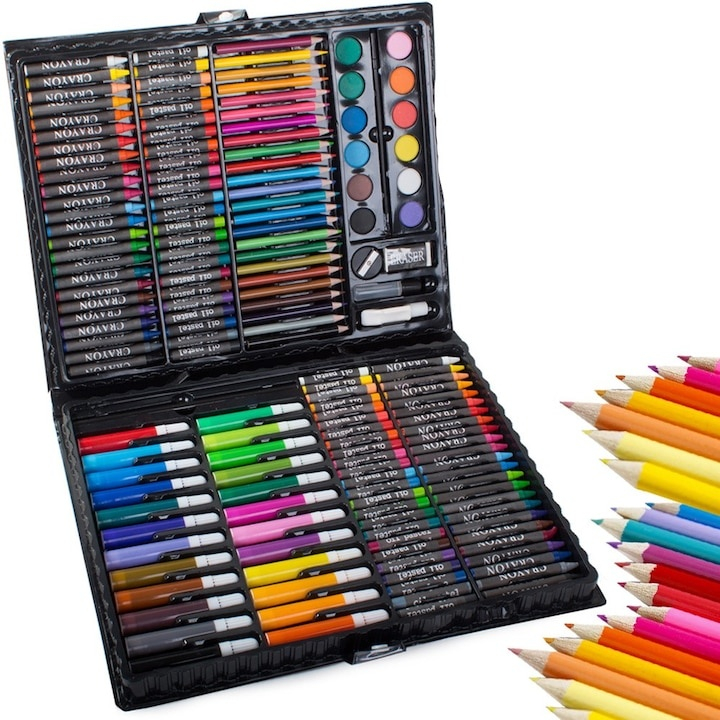 Set pictat si desen, 168 piese, gentuta depozitare tip valiza, negru, 34 x 27 x 4 cm – complet, educativ si ideal pentru copii pasionati de arta [3]