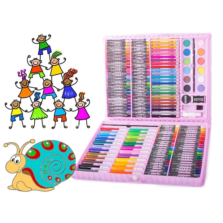 Set pictat si desen, 168 piese, gentuta depozitare tip valiza, roz, 34 x 27 x 4 cm – complet, creativ si ideal pentru copii pasionati de arta [4]
