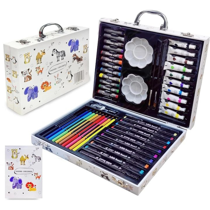 Set pictura multicolor 68 piese, valiza 30 x 23 x 5 cm, accesorii desen pentru copii, creioane, markere, acuarele, pensule, palete, carte de colorat, radiera si ascutitoare [5]