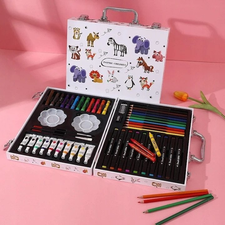 Set pictura multicolor 68 piese, valiza 30 x 23 x 5 cm, accesorii desen pentru copii, creioane, markere, acuarele, pensule, palete, carte de colorat, radiera si ascutitoare [9]