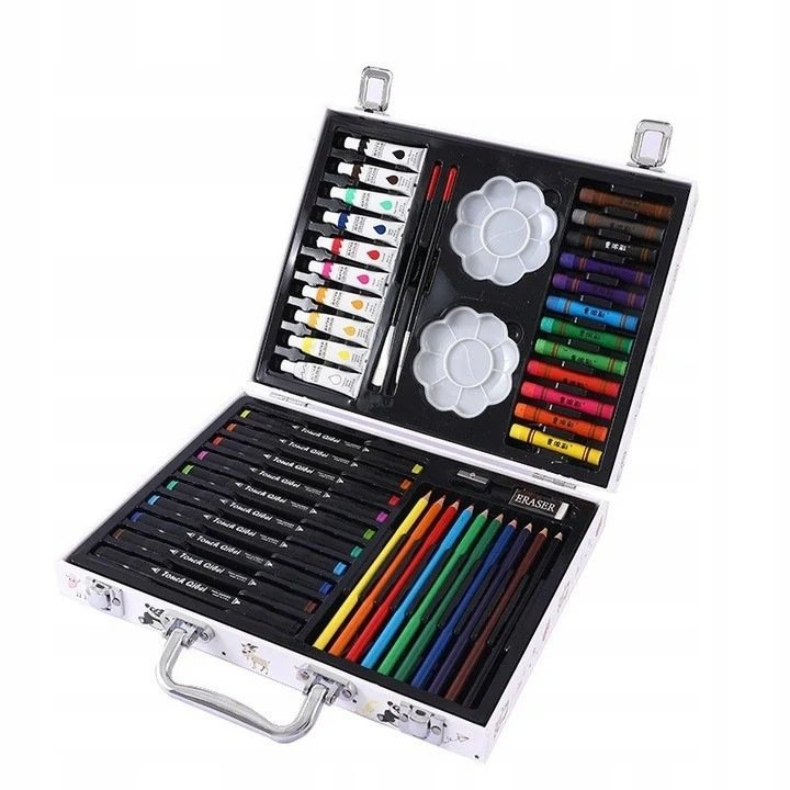 Set pictura multicolor 68 piese, valiza 30 x 23 x 5 cm, accesorii desen pentru copii, creioane, markere, acuarele, pensule, palete, carte de colorat, radiera si ascutitoare [10]