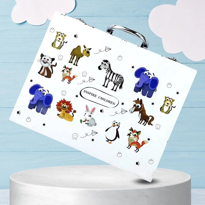 Set pictura multicolor 68 piese, valiza 30 x 23 x 5 cm, accesorii desen pentru copii, creioane, markere, acuarele, pensule, palete, carte de colorat, radiera si ascutitoare [8]
