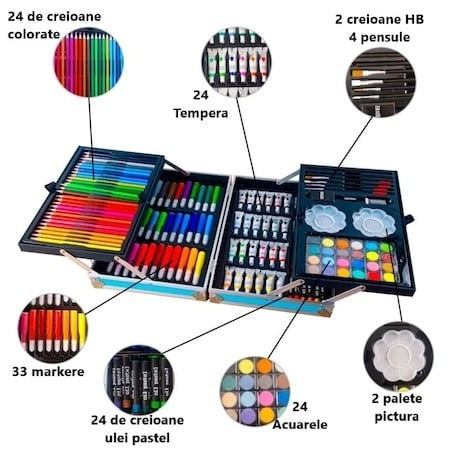 Set,trusa de pictura si desen pentru copii,creioane,markere,culori 145 piese - Albastru [2]