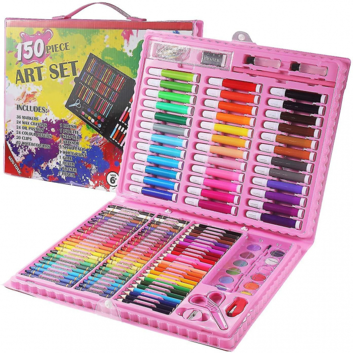 Set,trusa completa pentru copii,desenat,colorat si pictat,150 piese,trusa inclusa - Roz [2]