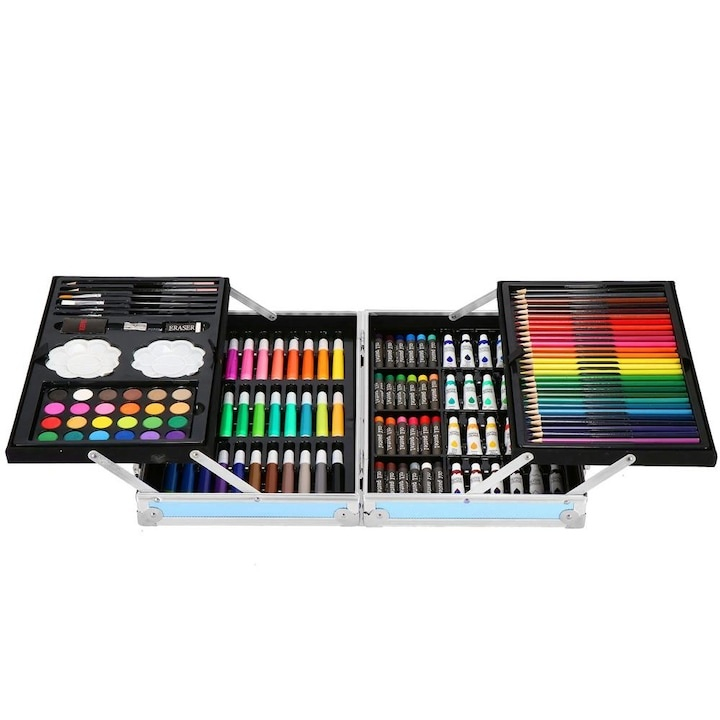 Set pictura si desen pentru copii, 145 piese, creioane, markere, acuarele, pasteluri, geanta aluminiu cu maner, albastru [16]
