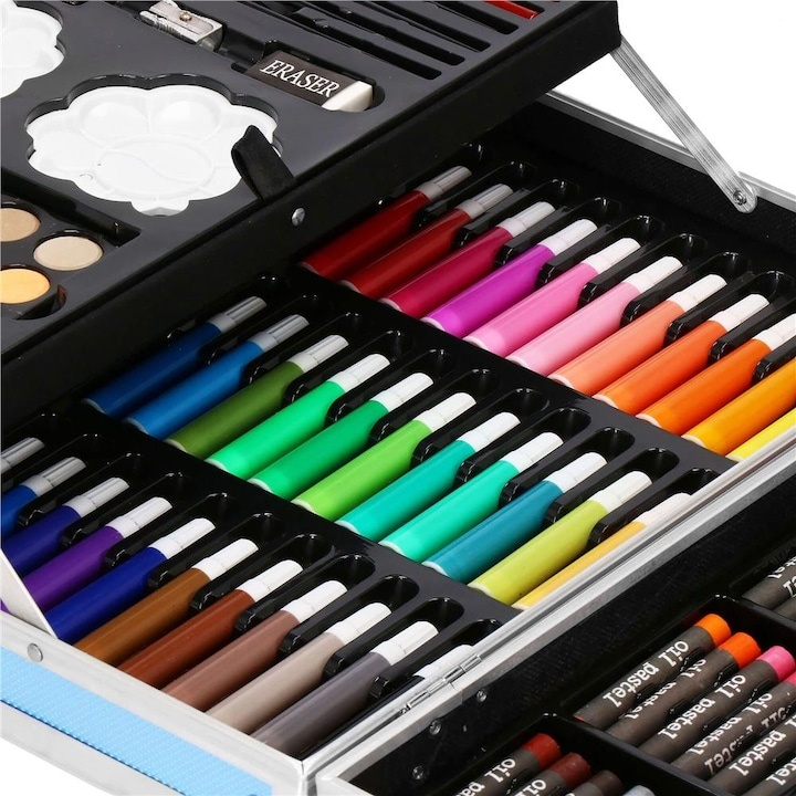 Set pictura si desen pentru copii, 145 piese, creioane, markere, acuarele, pasteluri, geanta aluminiu cu maner, albastru [2]