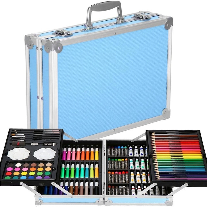 Set pictura si desen pentru copii, 145 piese, creioane, markere, acuarele, pasteluri, geanta aluminiu cu maner, albastru [22]