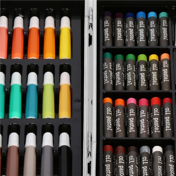 Set pictura si desen pentru copii, 145 piese, creioane, markere, acuarele, pasteluri, geanta aluminiu cu maner, albastru [10]