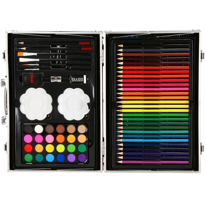 Set pictura si desen pentru copii, 145 piese, creioane, markere, acuarele, pasteluri, geanta aluminiu cu maner, albastru [8]