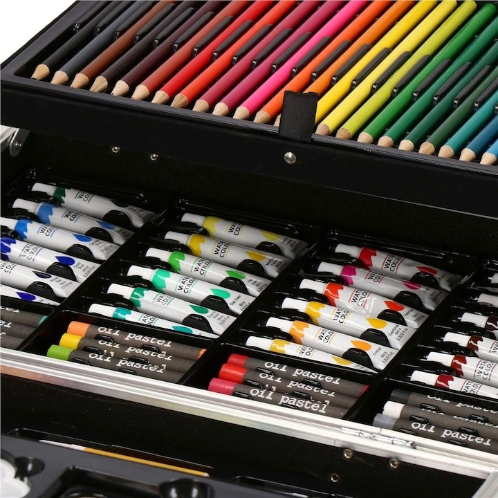 Set pictura si desen pentru copii, 145 piese, creioane, markere, acuarele, pasteluri, geanta aluminiu cu maner, albastru [5]