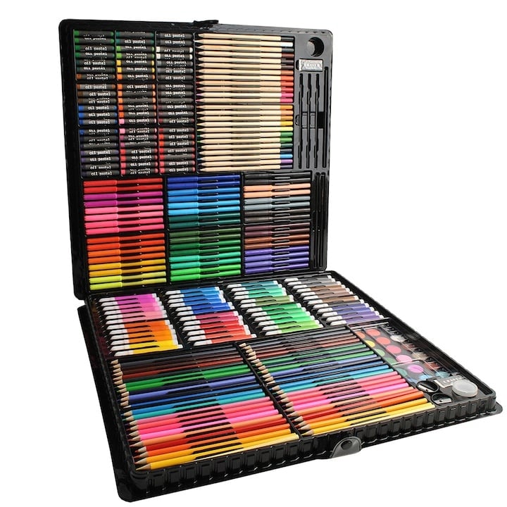 Set pictura si desen pentru copii, 258 piese, creioane, acuarele, markere, pasteluri si accesorii, cutie depozitare din lemn, negru [1]