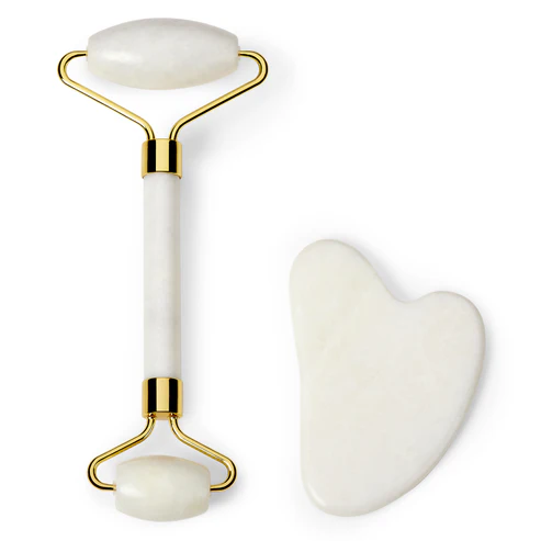 Set Premium pentru Masaj Facial, Roller din Jad Alb cu Design Auriu si Piatra Gua Sha, Efect Anti-Riduri [2]