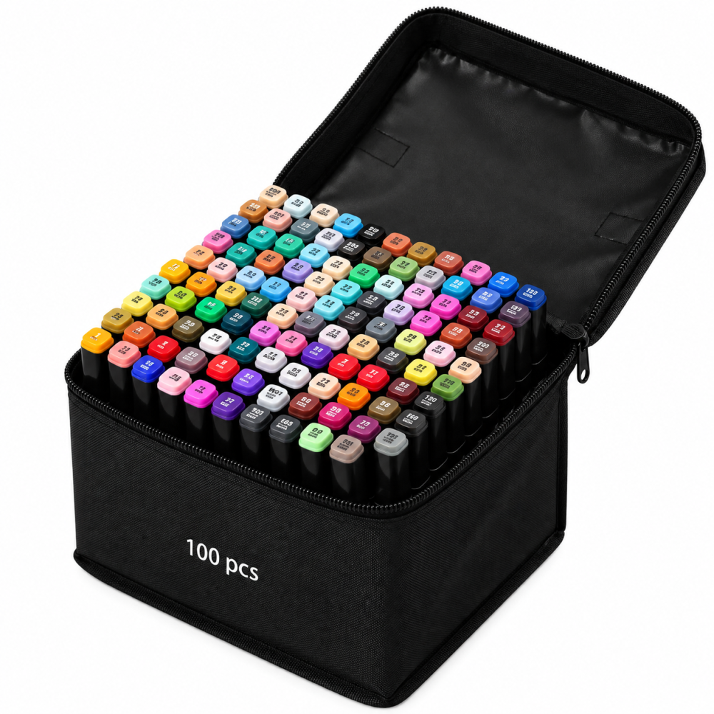 Set profesional 100 markere multicolore cu doua capete, varf fin 1 mm si tesit 3-6 mm, suport organizator compartimentat si geanta [1]
