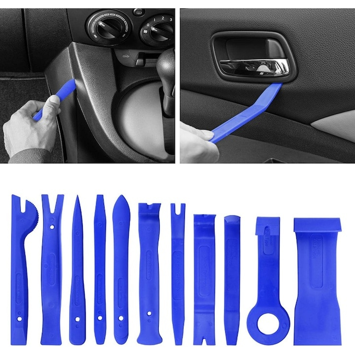 Set profesional 11 chei extractoare pentru demontarea tapiteriei auto si a radioului, material plastic rezistent, 11 piese, culoare albastra [7]