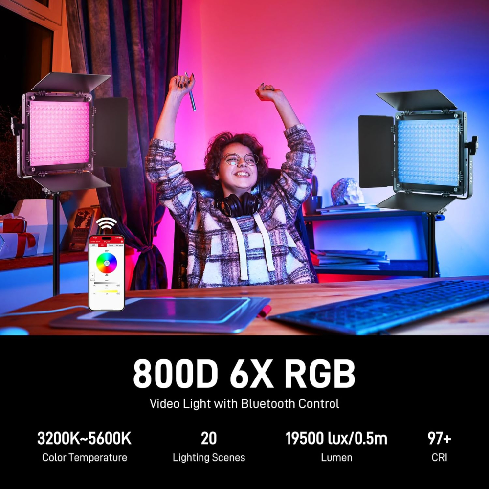 Set profesional 3 panouri LED RGB pentru studio foto-video, 19500 Lux/0.5 m, 3200K-5600K, CRI97+, control prin aplicatie, cu 3 trepiede si geanta transport [5]