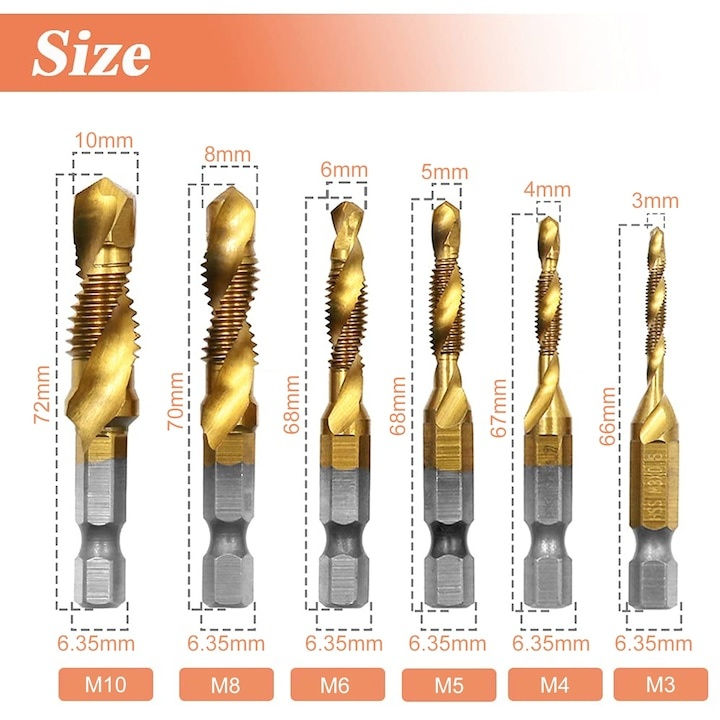 Set profesional 6 burghie cu tarod galben M3-M10, HSS titan, hexagonal 6.35 mm, pentru gaurire, filetare si sanfrenare, aluminiu, alama, plastic [4]