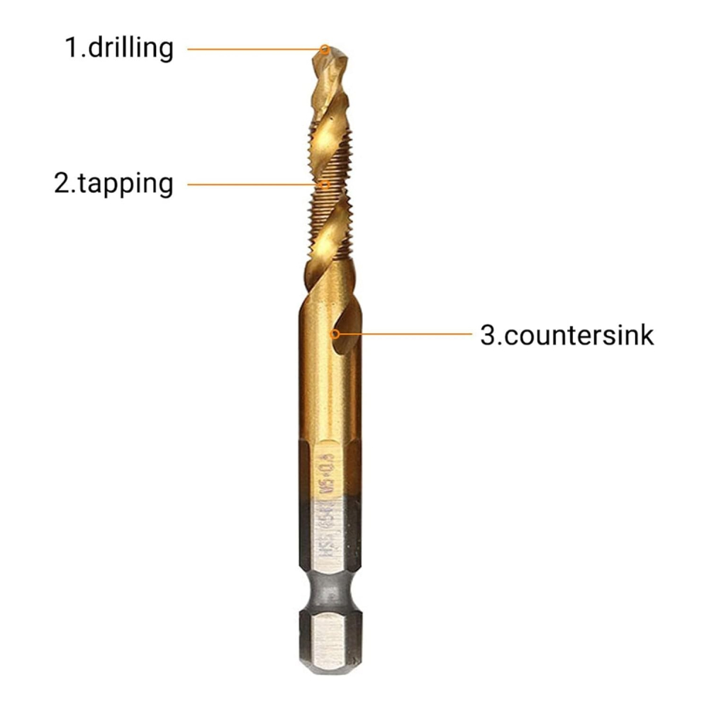 Set profesional 6 burghie cu tarod galben M3-M10, HSS titan, hexagonal 6.35 mm, pentru gaurire, filetare si sanfrenare, aluminiu, alama, plastic [6]