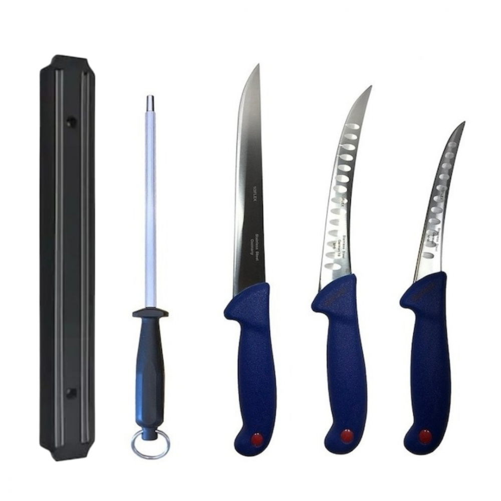 Set profesional de macelarie, dezosat, injunghiat, transat, filetat, masat pentru ascutit, suport magnetic, 3 cutite otel carbon [9]