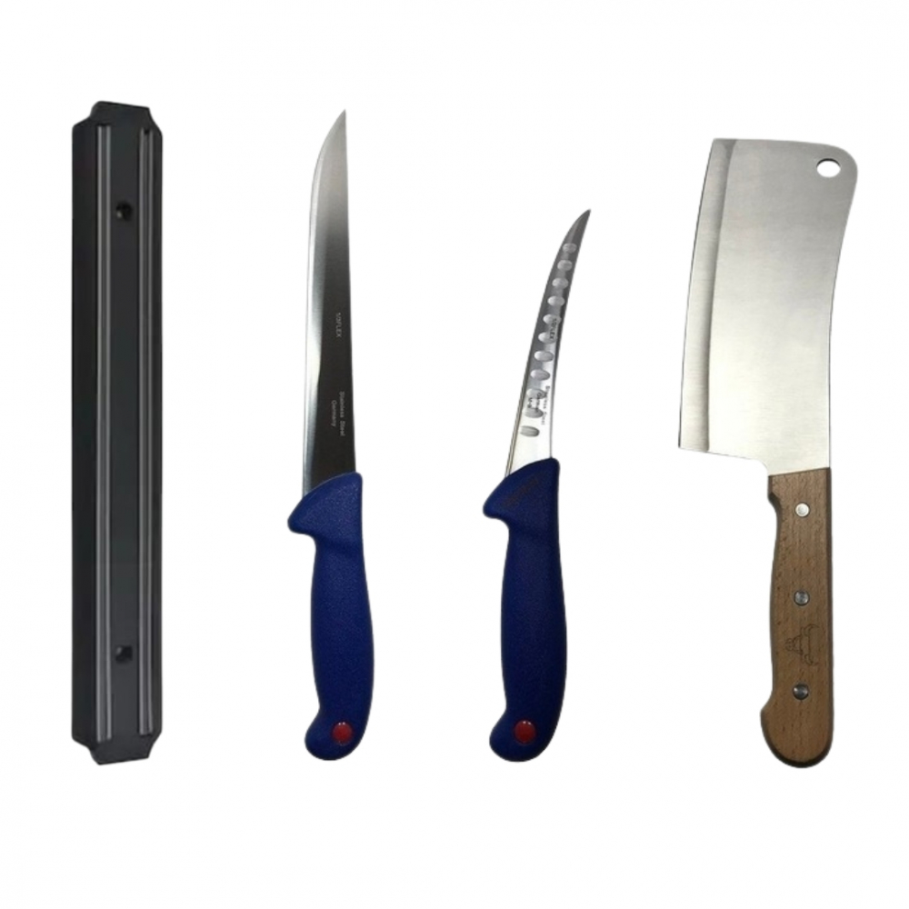 Set profesional de macelarie, dezosat, transat, filetat, 2 cutite, otel carbon, suport magnetic, satar