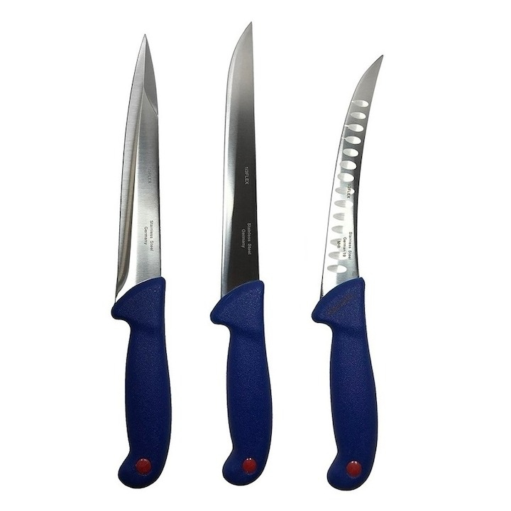 Set profesional de macelarie, filetat, transat, injunghiat, dezosat, otel carbon, 3 cutite, masat pentru ascutit, satar, suport magnetic [5]