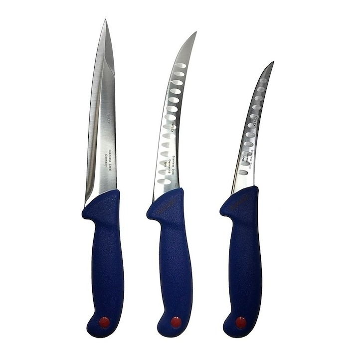 Set profesional de macelarie, injunghiat, transat, dezosat, filetat, 3 cutite otel carbon, masat pentru ascutit, satar [5]