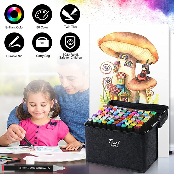 Set profesional de markere dual tip, 40 culori intense, cu husa de transport – pentru desen, schite, proiecte artistice si scoala [2]