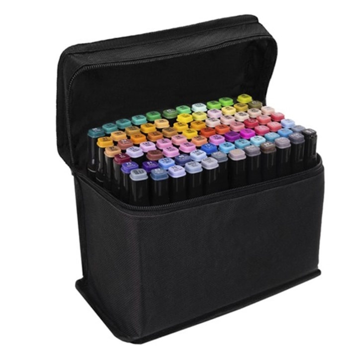 Set profesional de markere dual tip, 80 culori intense, cu husa de transport – pentru desen, schite, proiecte artistice si scoala [1]