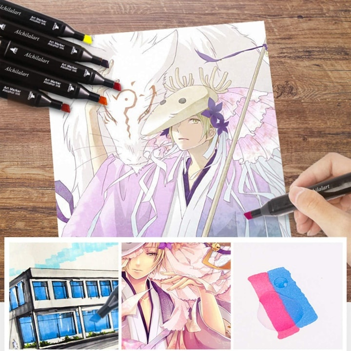 Set profesional de markere dual tip, 80 culori intense, cu husa de transport – pentru desen, schite, proiecte artistice si scoala [7]