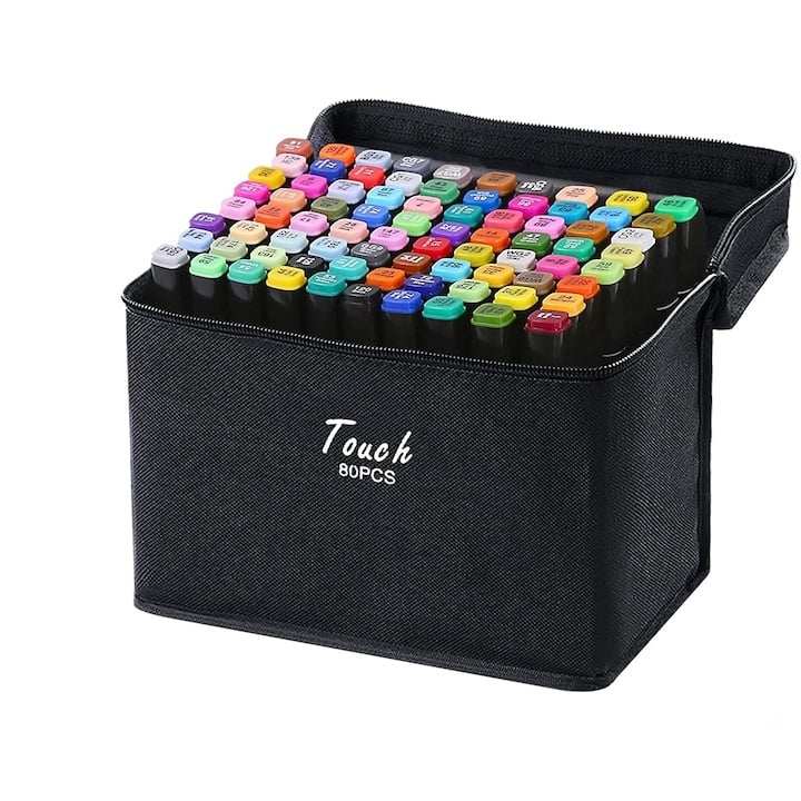 Set profesional de markere dual tip, 80 culori intense, pentru desen, schite, proiecte artistice si scoala, cu husa transport inclusa – perfect pentru artistii in formare si profesionisti [1]