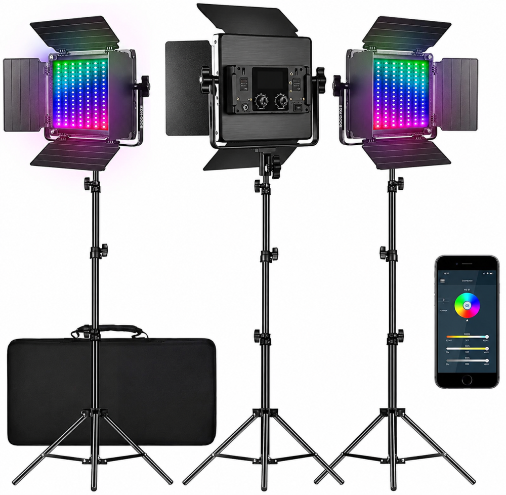 Set profesional iluminare studio cu 3 panouri LED RGB, 3200K-5600K, control prin aplicatie, 8 efecte luminoase, trepiede reglabile incluse [2]