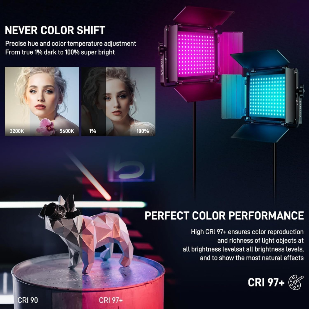 Set profesional iluminare studio cu 3 panouri LED RGB 50W, control prin aplicatie Bluetooth, 3200K-5600K, CRI97+, trepiede reglabile, pentru fotografie, video si streaming [6]
