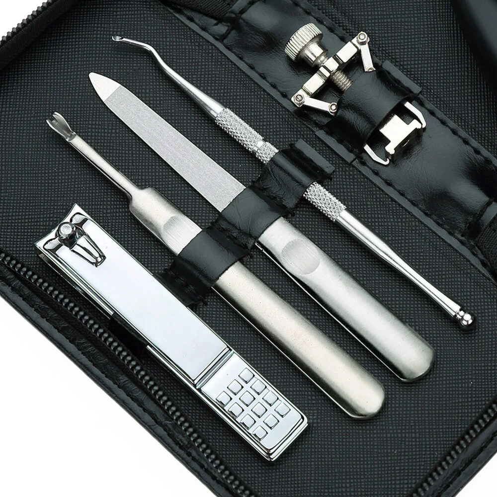 Set profesional manichiura si pedichiura 8 piese, otel inoxidabil, trusa eleganta din piele ecologica, pentru unghii, cuticule si ingrijire personala, negru [2]
