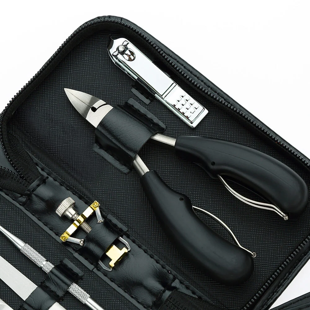 Set profesional manichiura si pedichiura 8 piese, otel inoxidabil, trusa eleganta din piele ecologica, pentru unghii, cuticule si ingrijire personala, negru [3]