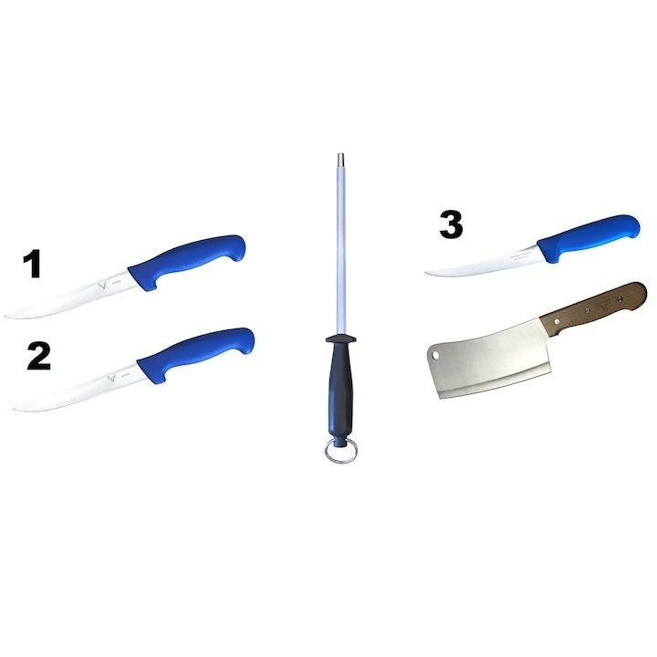 Set profesional pentru macelarie, 3 cutite, 1 satar, 1 masat pentru ascutit [3]