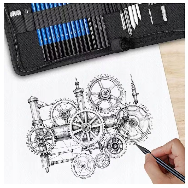 Set profesional pentru schite in creion, 35 piese, bloc desen, creioane, carbune, radiere, ascutitori, mapa depozitare – complet si portabil pentru artisti si pasionati de desen [4]