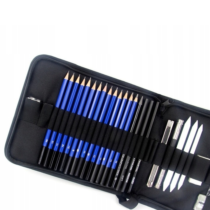 Set profesional pentru schite in creion, 35 piese, bloc desen, creioane, carbune, radiere, ascutitori, mapa depozitare – complet si portabil pentru artisti si pasionati de desen [7]