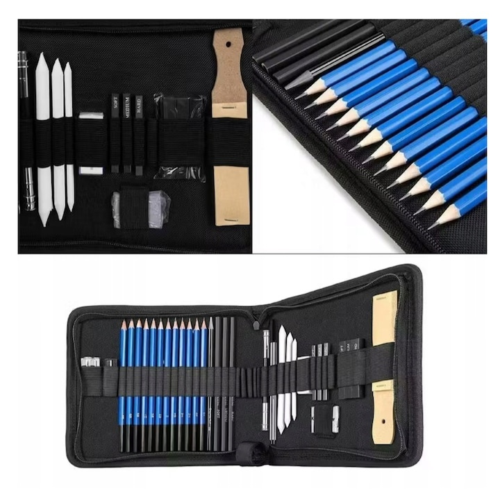 Set profesional pentru schite in creion, 35 piese, bloc desen, creioane, carbune, radiere, ascutitori, mapa depozitare – complet si portabil pentru artisti si pasionati de desen [2]