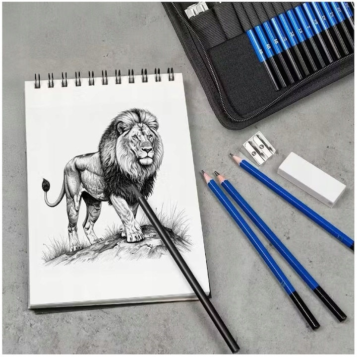 Set profesional pentru schite in creion, 35 piese, bloc desen, creioane, carbune, radiere, ascutitori, mapa depozitare – complet si portabil pentru artisti si pasionati de desen [3]