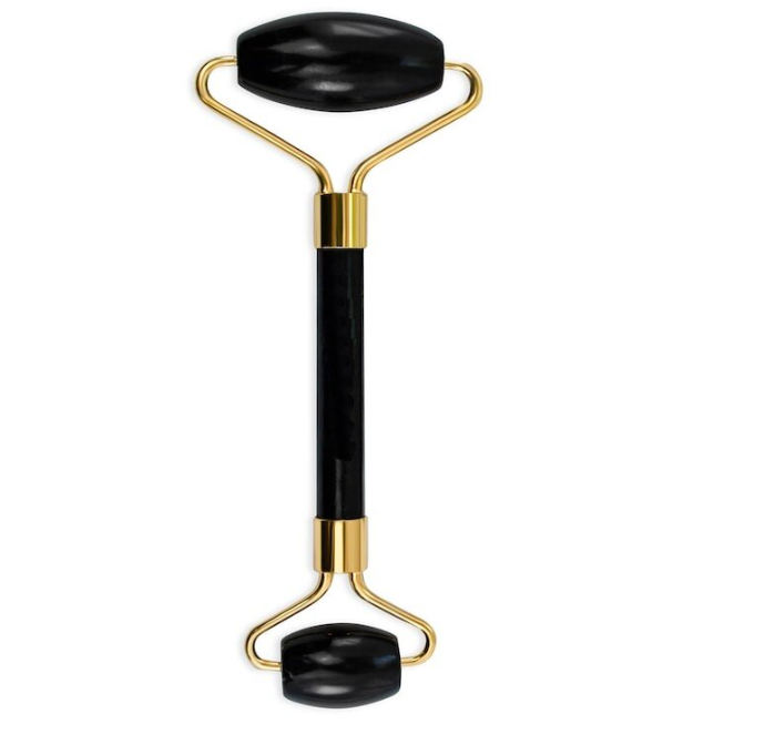 Set Rola Masaj Faciala si Piatra Gua Sha, Piatra Naturala Neagra, Accesorii Aurii, Efect Lifting si Anti-Pungi [6]