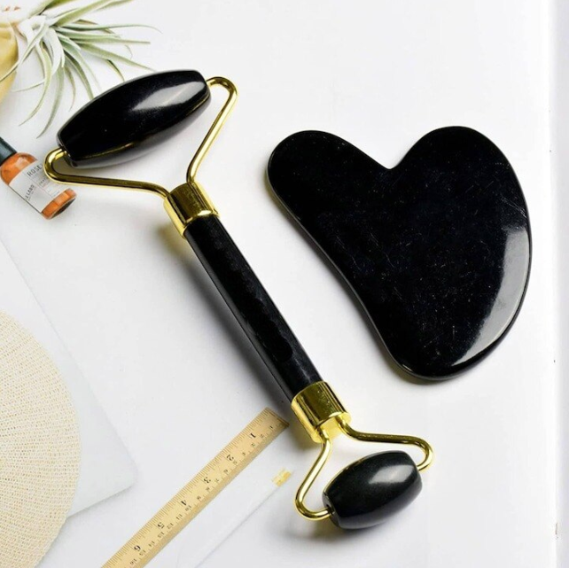 Set Rola Masaj Faciala si Piatra Gua Sha, Piatra Naturala Neagra, Accesorii Aurii, Efect Lifting si Anti-Pungi [3]