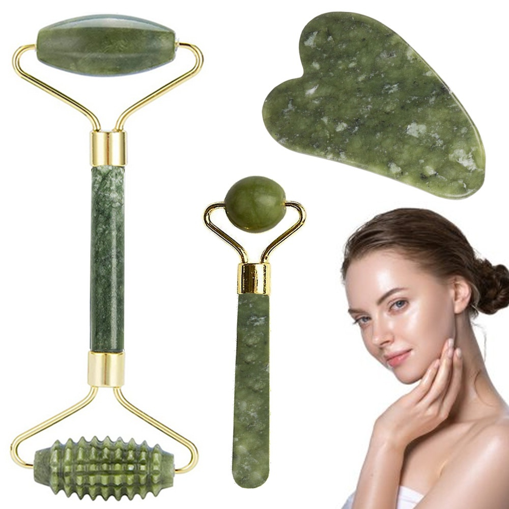 Set role masaj facial jad natural, gua sha, roller dublu, anti riduri, drenaj limfatic, efect racoritor, piele ferma [8]