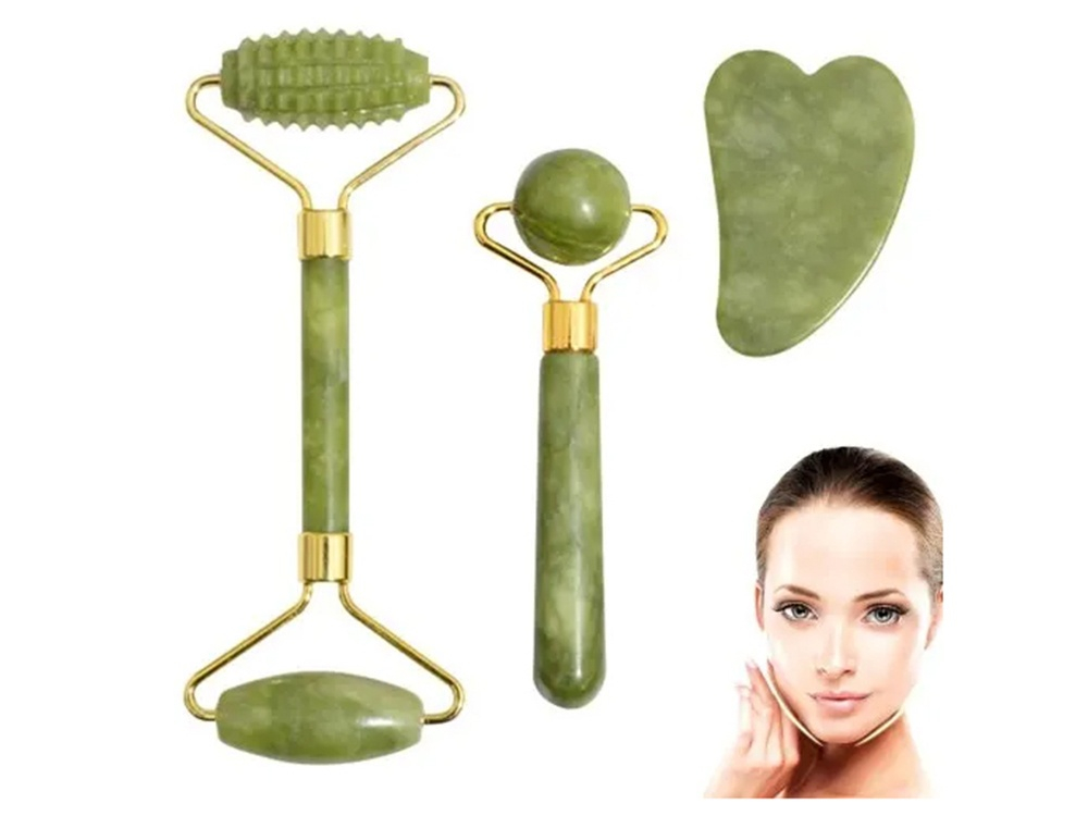 Set role masaj facial jad natural, gua sha, roller dublu, anti riduri, drenaj limfatic, efect racoritor, piele ferma [2]