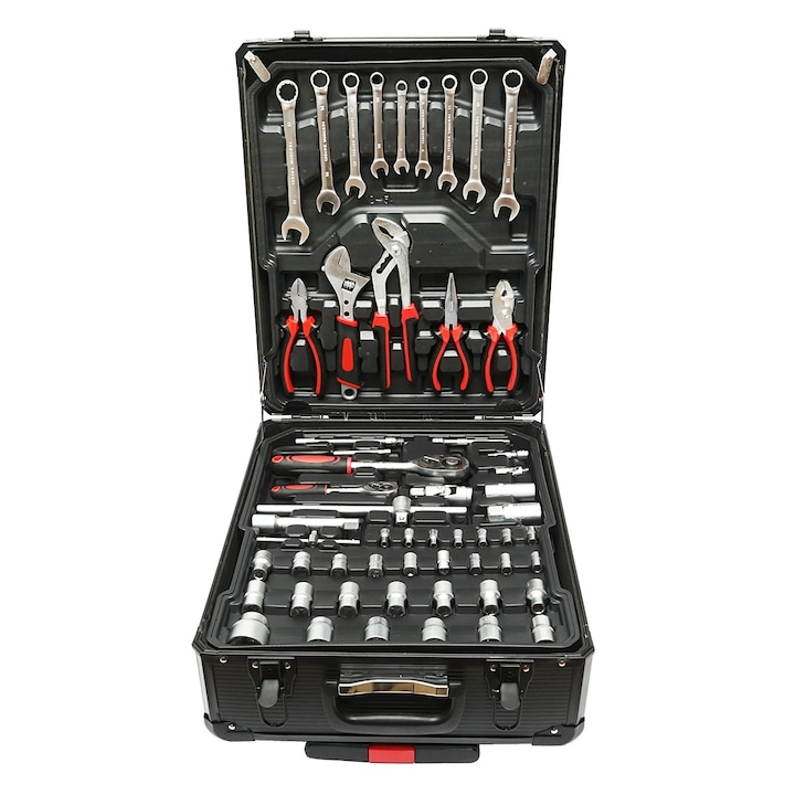 Set scule multifunctional 187 piese in troler rigid ABS si aluminiu, unelte profesionale crom vanadiu, kit complet cu roti si maner extensibil pentru reparatii si mentenanta [10]