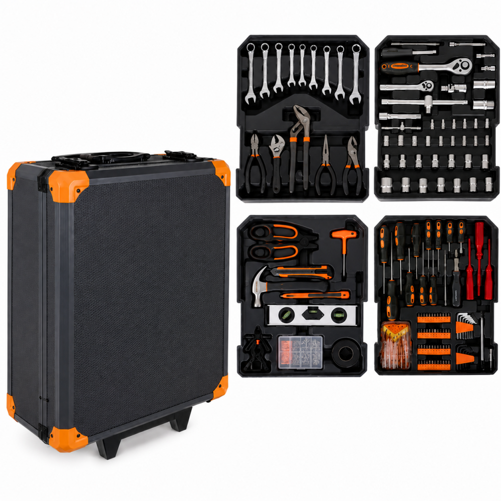 Set scule negru-portocaliu 1000 piese, valiza aluminiu 50 x 37 x 20 cm cu roti si maner telescopic [2]