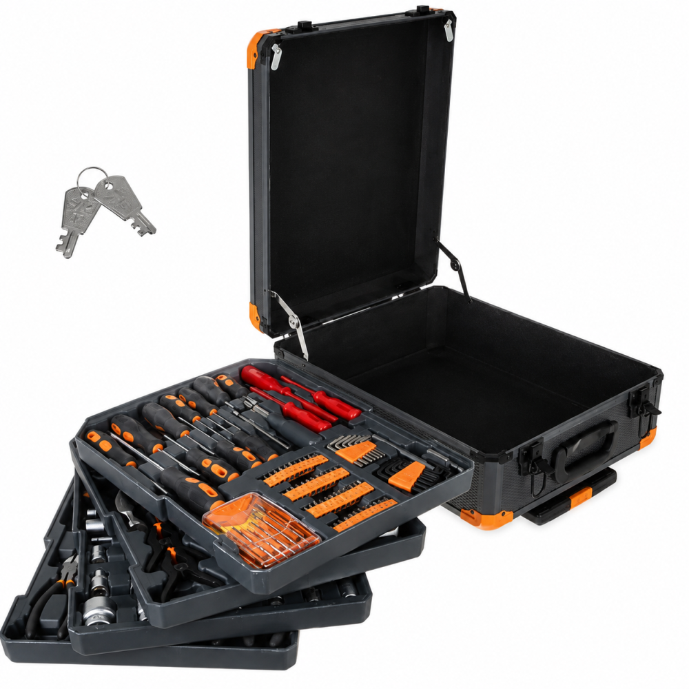 Set scule negru-portocaliu 1000 piese, valiza aluminiu 50 x 37 x 20 cm cu roti si maner telescopic [3]