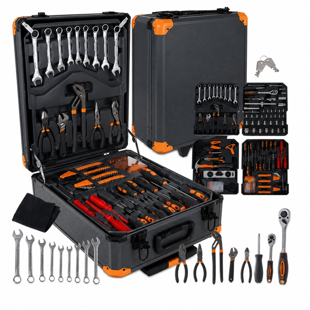 Set scule negru-portocaliu 1000 piese, valiza aluminiu 50 x 37 x 20 cm cu roti si maner telescopic [8]
