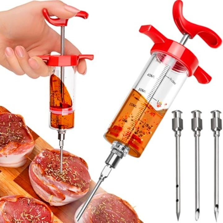 Set seringa pentru marinat carne cu injector de sosuri, 3 ace diferite, reutilizabil, capacitate 50 ml, otel inoxidabil [10]